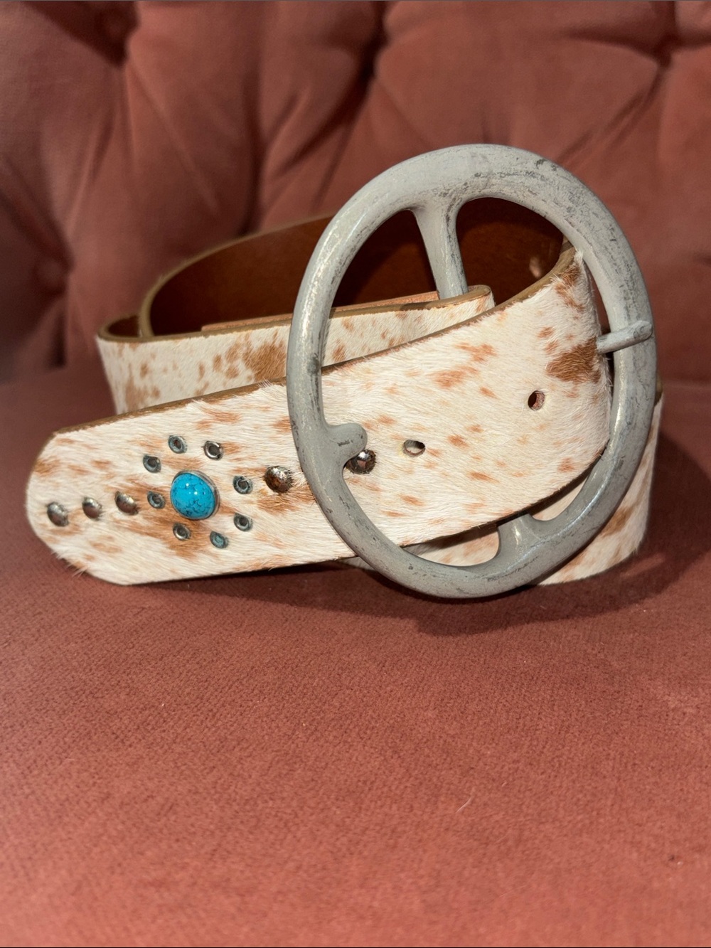 Western Belt studded turquoise Accent cow print mohair genuine leather sm/md